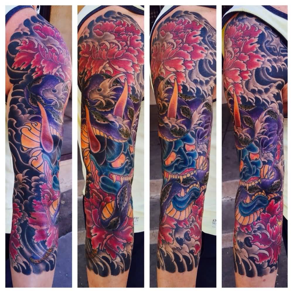 Colored Japanese Flowers And Hannya Tattoo On Full Sleeve