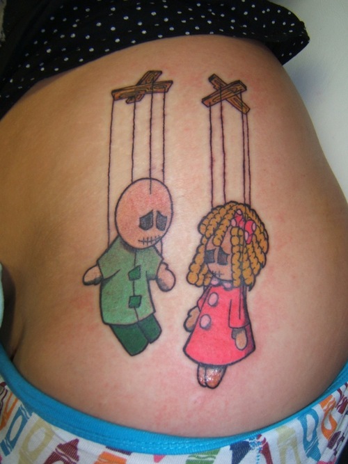 Colorful Two Marionette Dolls Tattoo Design For Side Rib