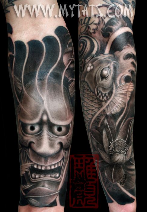 Dark Ink Koi And Hannya Leg Tattoo
