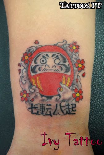 Daruma Doll With Cherry Blossom Flowers Tattoo Design For Wrist