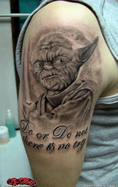 Do Or Do Not There Is No Try - Black And Grey Yoda Tattoo On Right Half Sleeve
