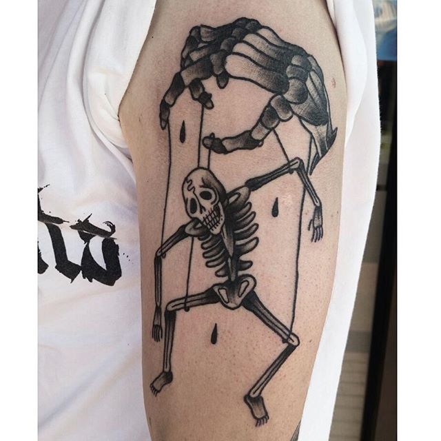 Dotwork Marionette Skeleton Tattoo Design For Half Sleeve
