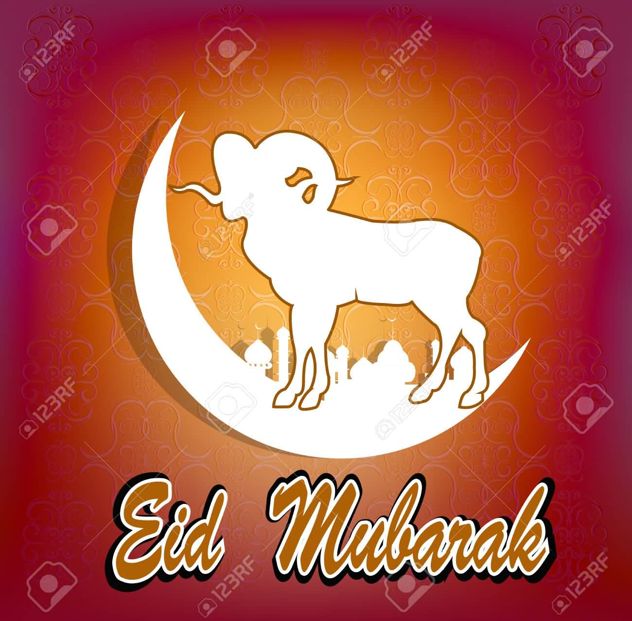 Eid al-Adha Mubarak Half Moon And Sheep On Greeting Card