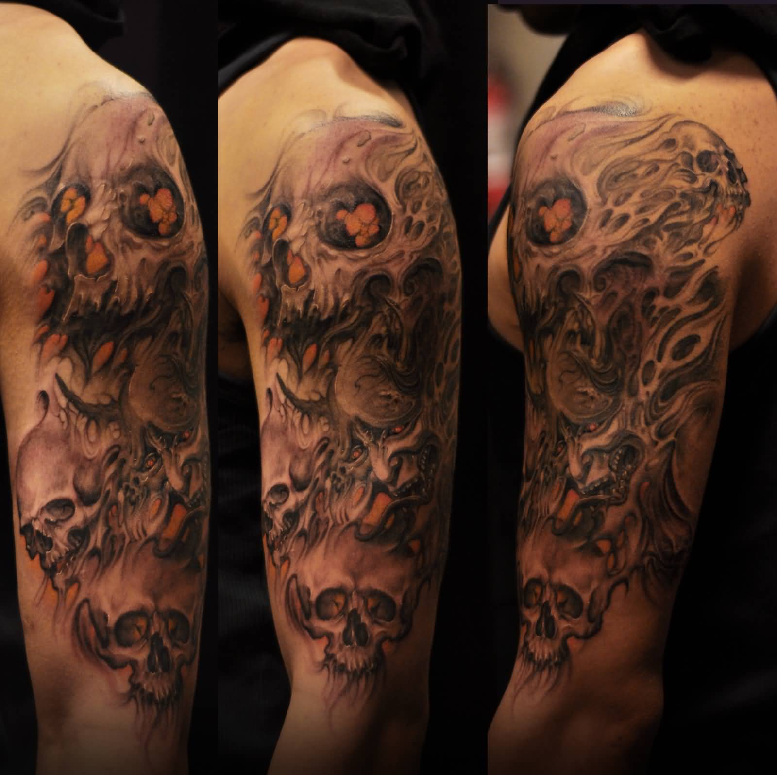 Flaming Skulls Hannya Tattoo On Half Sleeve