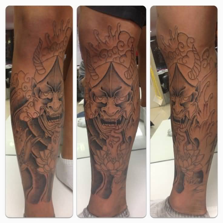 Full Leg Grey Ink Hannya Tattoo