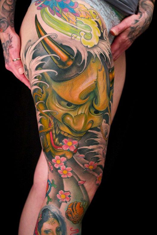 Green Hannya Mask Tattoo On Full Leg