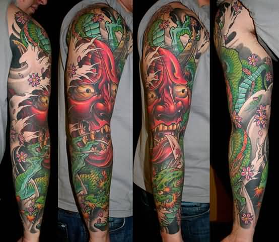 Green Ink Dragon And Red Hannya Tattoo On Full Sleeve