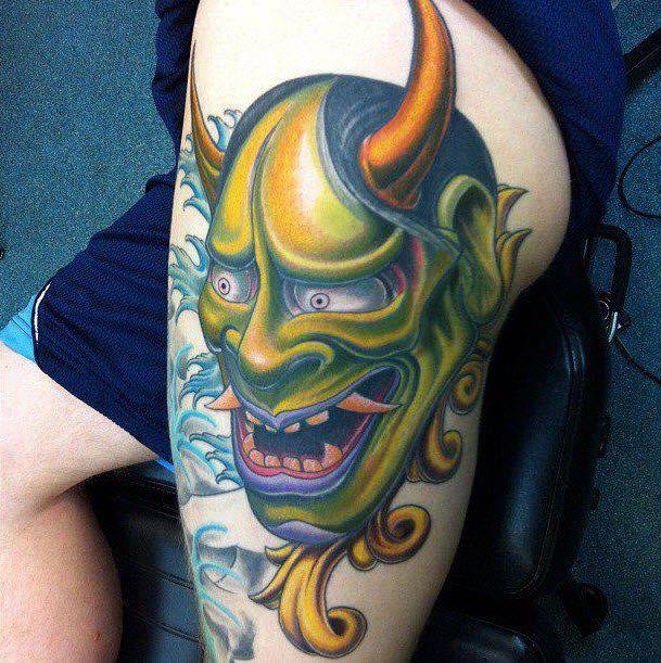 Green Ink Hannya Mask Tattoo On Leg