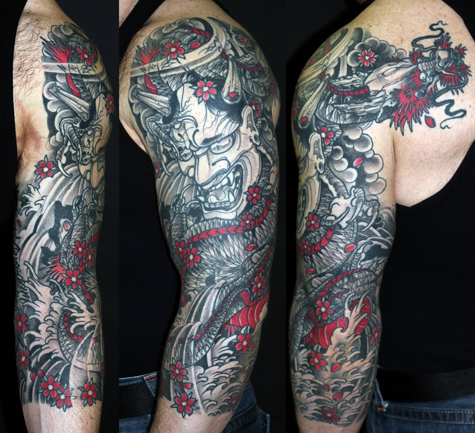 Grey Hannya Tattoo On Man Full Sleeve