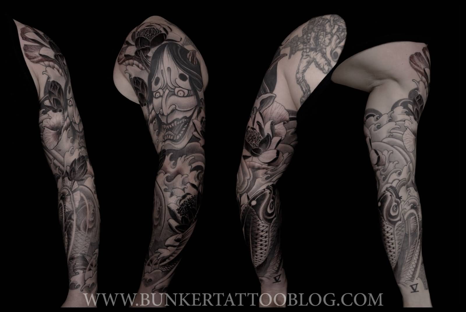 Grey Ink Koi Fish And Hannya Tattoo Design For Sleeve