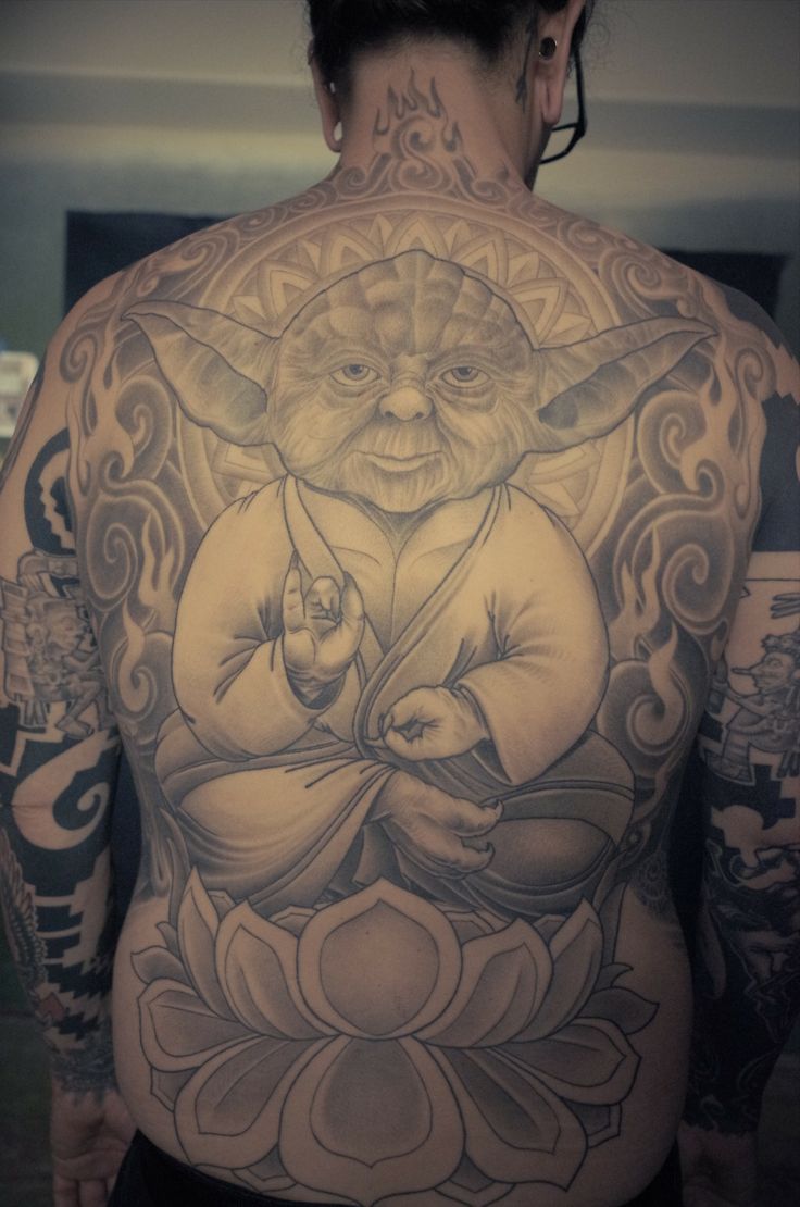 Grey Ink Yoda On Lotus Tattoo On Man Full Back