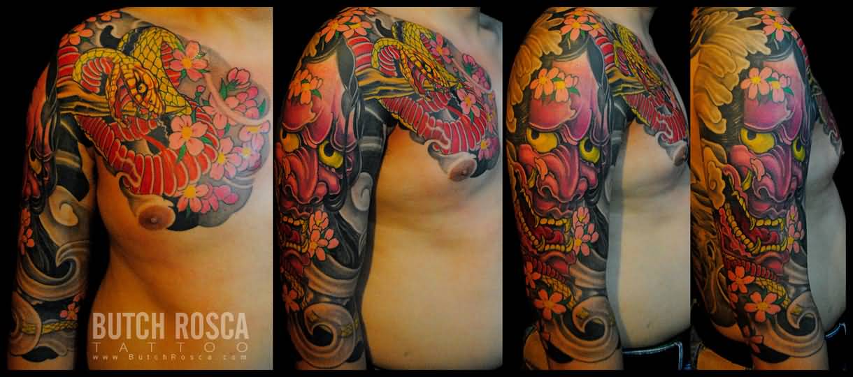 Hannya Mask And Japanese Tattoo On Chest And Sleeve