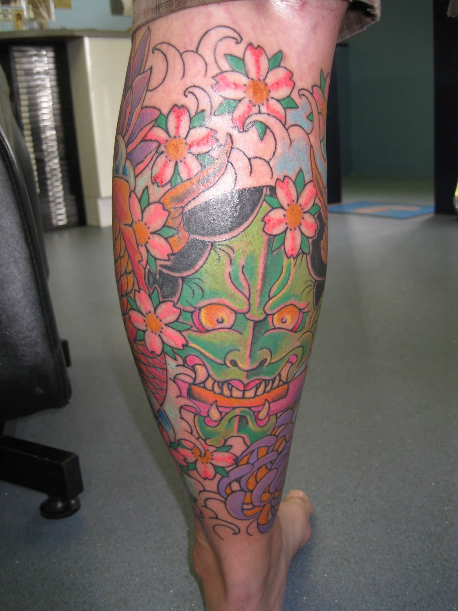 Japanese Flower Hannya Mask Tattoo On Leg Calf