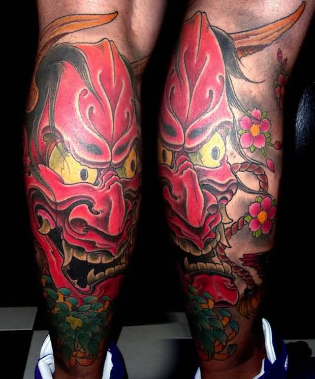Japanese Flowers And Hannya Mask Tattoo On Leg
