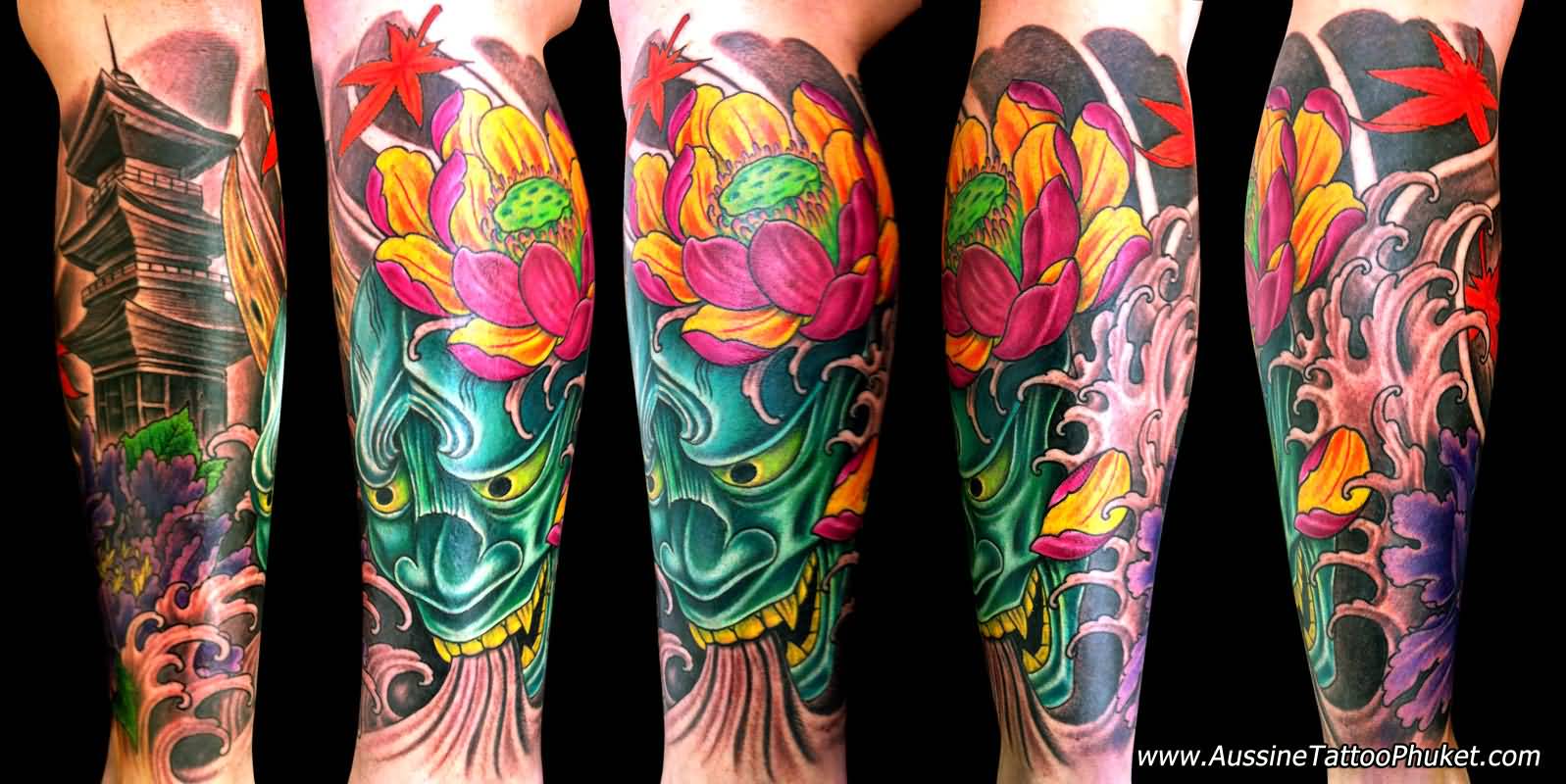 Japanese Lotus Flower And Hannya Tattoo On Leg