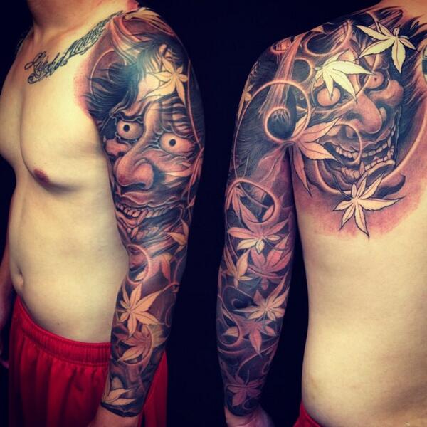 Leaves And Grey Ink Hannya Shige Tattoo On Full Sleeve