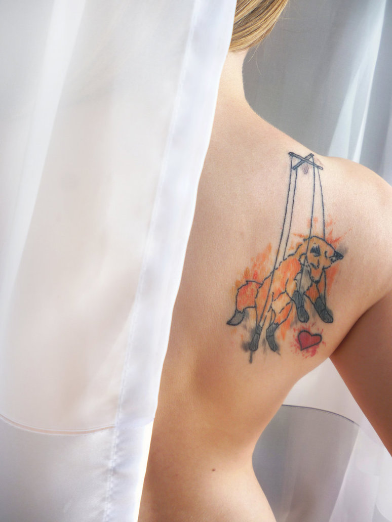 Marionette Fox With Heart Tattoo On Girl Right Back Shoulder By Madzia