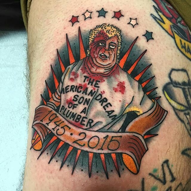 Memorial WWE Dusty Rhodes With Banner Tattoo Design