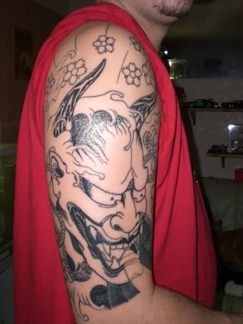 Outline Flowers And Hannya Tattoo On Right Half Sleeve