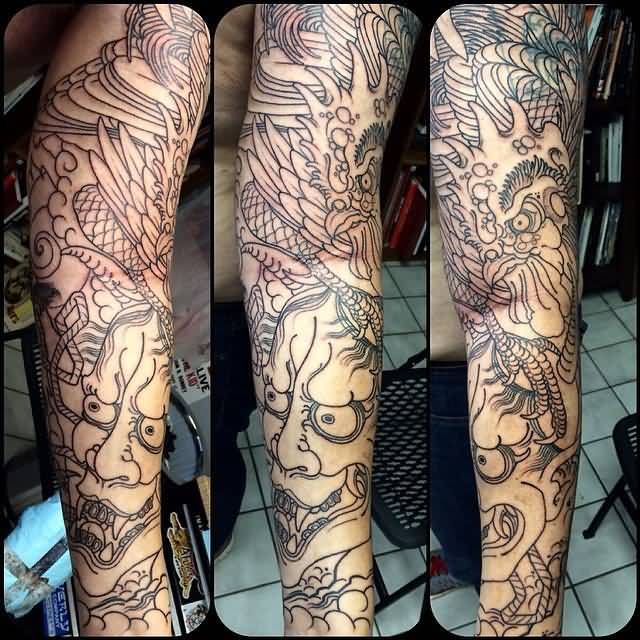 Outline Hannya Tattoo On Full Sleeve