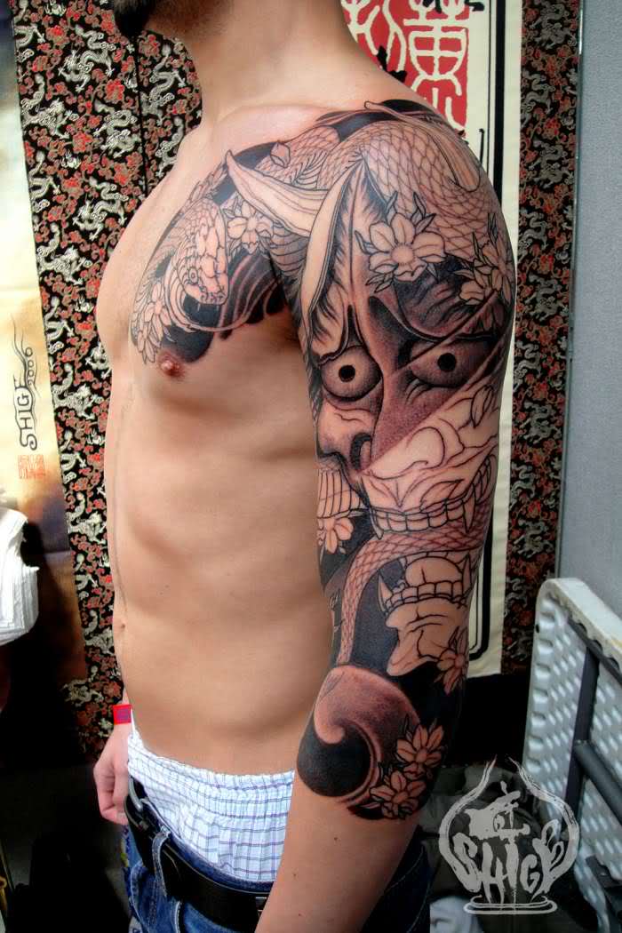 Outline Hannya Tattoo On Left Half Sleeve For Men