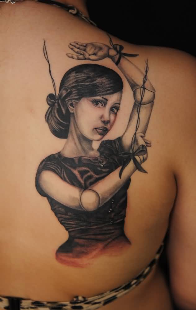 Realistic Marionette Girl Tattoo On Right Back Shoulder