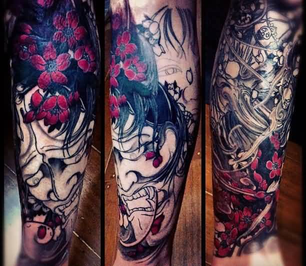 Red Flowers And Hannya Tattoo On Arm Sleeve