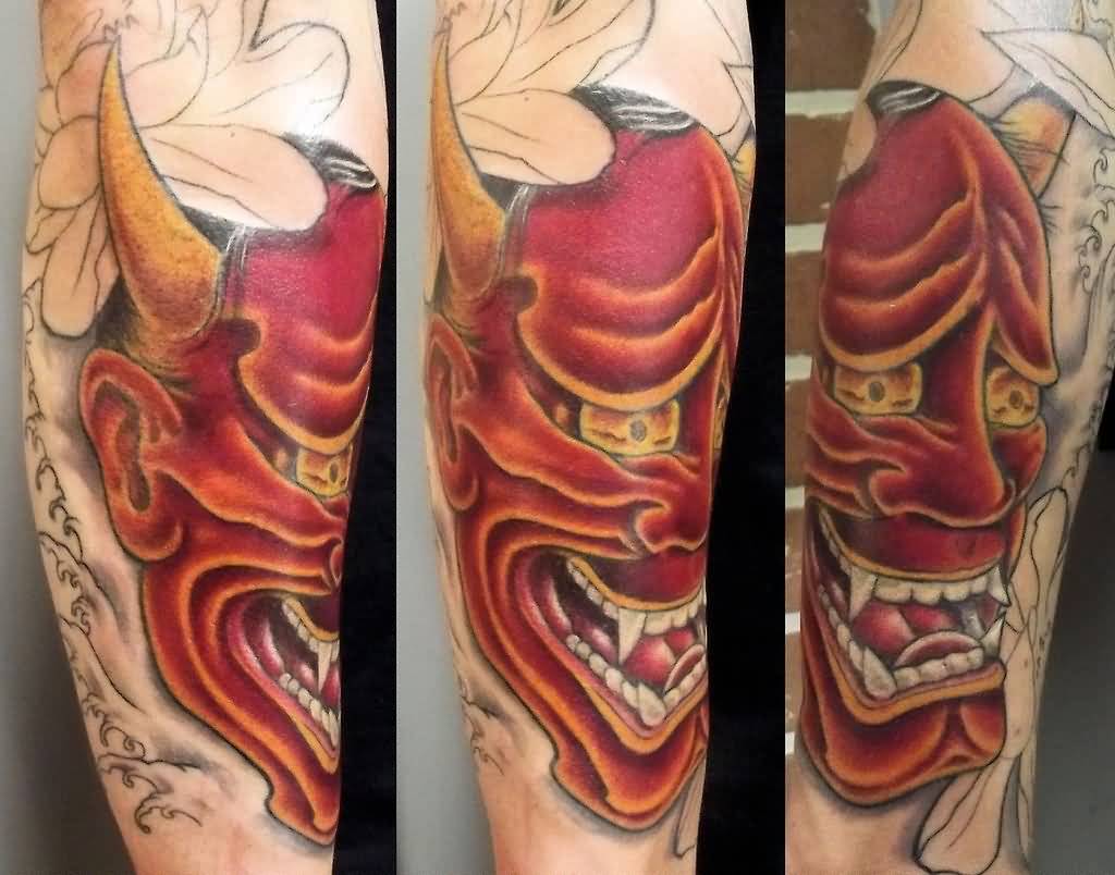 Red Ink Hannya Tattoo On Arm Sleeve