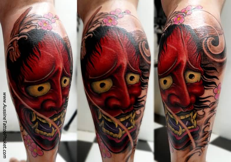 Red Ink Hannya Tattoo On Leg Calf