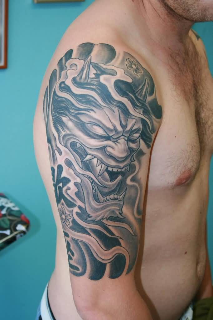 Right Half Sleeve Grey Ink Hannya Tattoo