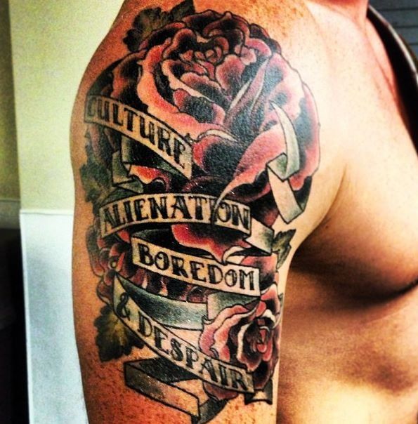Roses With Banner Tattoo On WWE Wade Barrett Right Shoulder