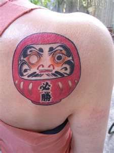 Simple Daruma Doll Tattoo On Girl Right Back Shoulder