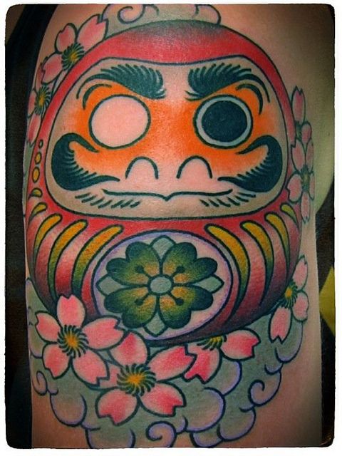 Simple Daruma Doll With Cherry Blossom Flowers Tattoo Design For Shoulder