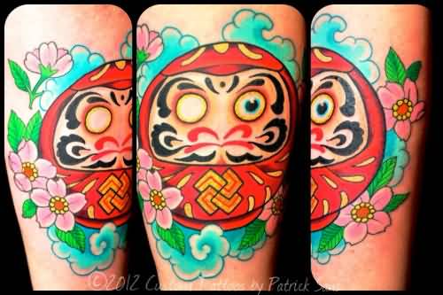 Simple Daruma Doll With Cherry Blossom Tattoo Design For Sleeve By Patrick Sans