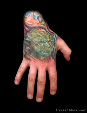 Simple Star Wars Yoda Head Tattoo On Right Hand