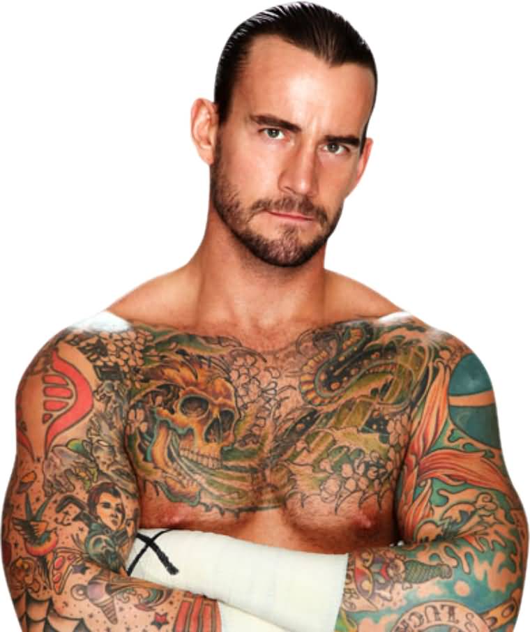 Skull With Snake Tattoo On WWE Cm Punk Chest