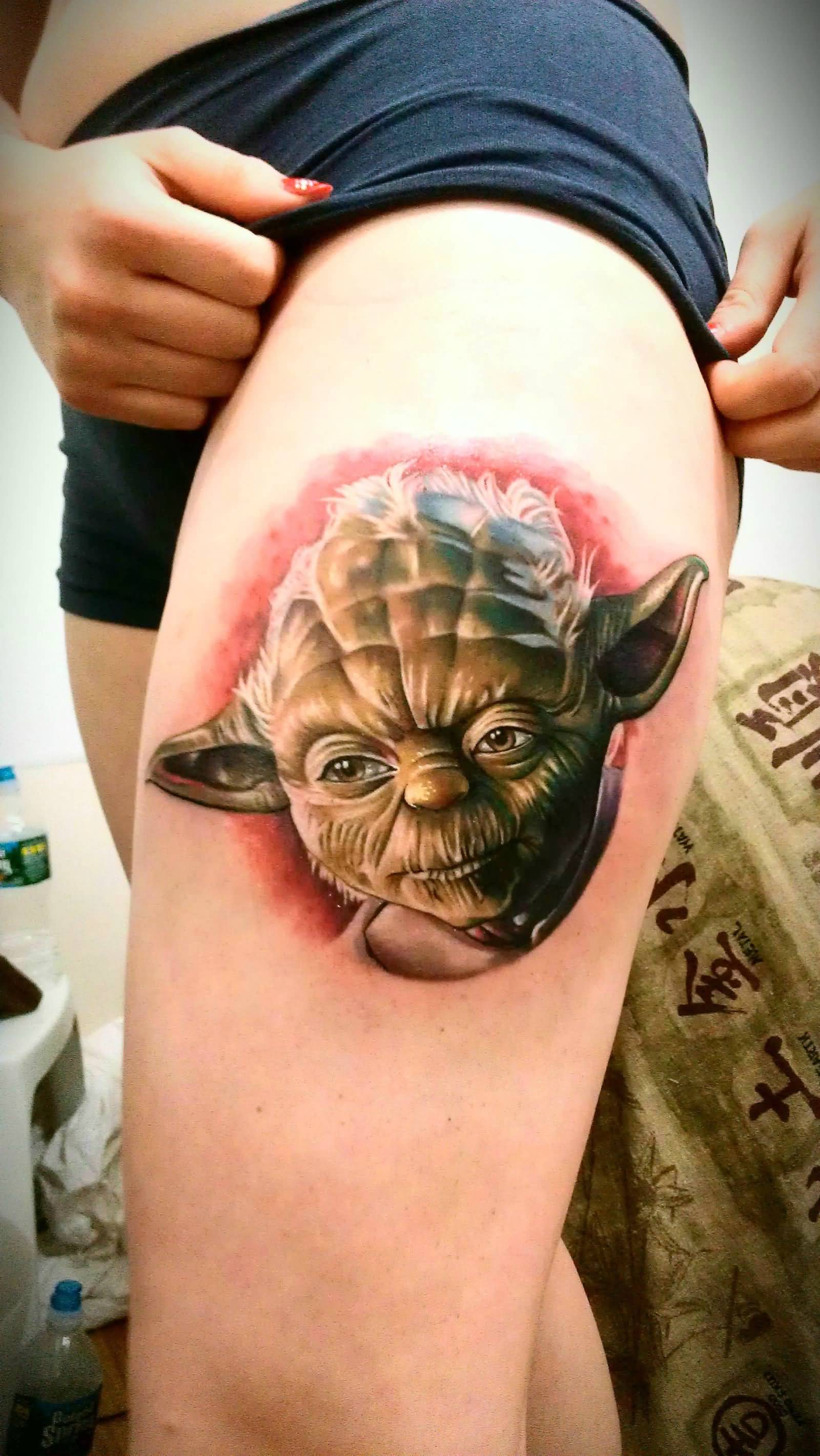 Star Wars 3D Yoda Head Tattoo On Girl Left Thigh