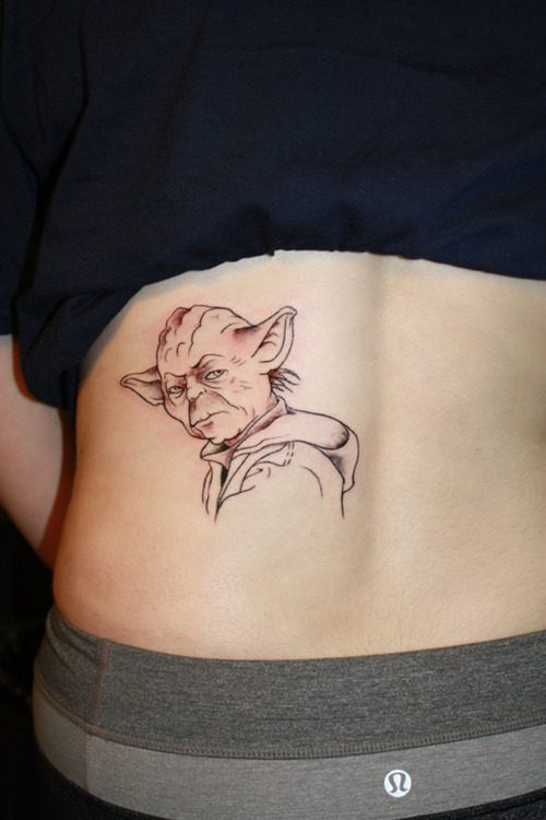 Star Wars Yoda Head Tattoo On Lower Back
