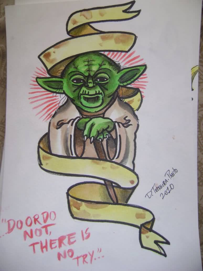 Star Wars Yoda With Ribbon Tattoo Design By Denise