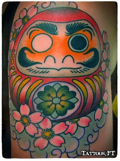 Traditional Daruma Doll With Cherry Blossom Tattoo Design For Shoulder