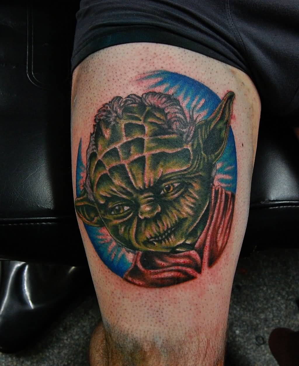 Traditional Star Wars Yoda Head Tattoo On Thigh By Nikita Nevermore