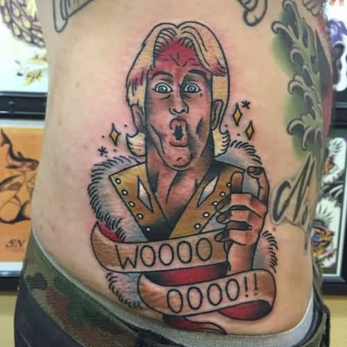 Traditional WWE Ric Flair With Banner Tattoo On Man Left Side Rib