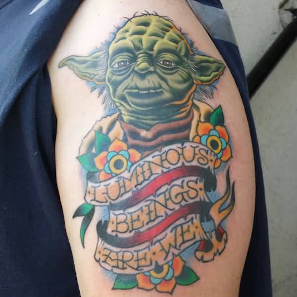 Traditional Yoda With Flowers And Banner Tattoo On Left Half Sleeve