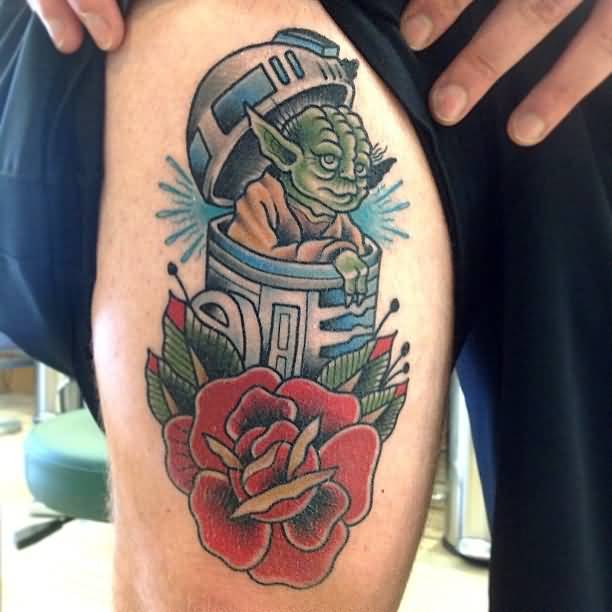 Traditional Yoda With Rose Tattoo On Thigh