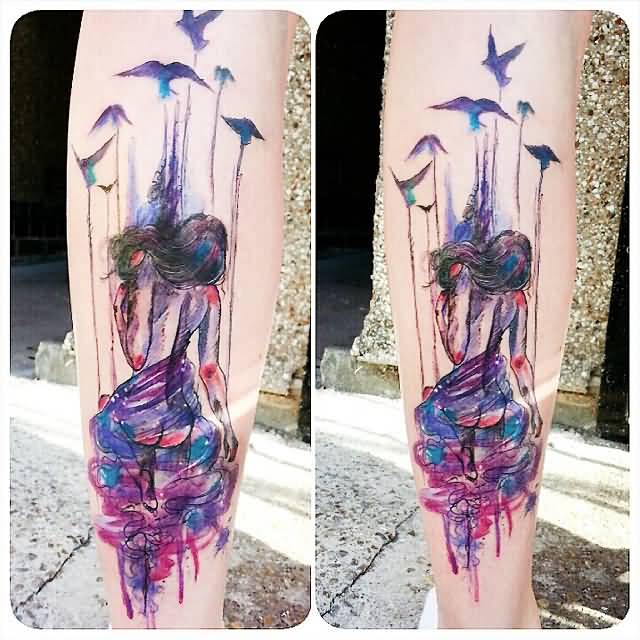 Watercolor Unique Marionette Tattoo On Leg By Rae Razael