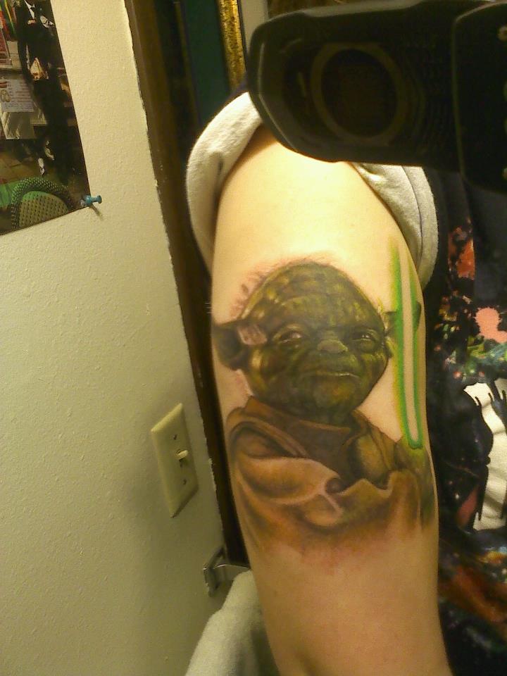 Yoda With Lightsaber Tattoo On Right Half Sleeve