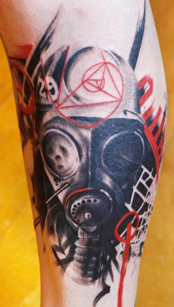 Abstract Gas Mask Tattoo On Leg