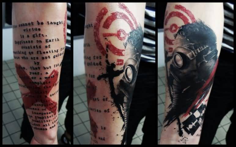 Abstract Gas Mask Tattoo On Right Sleeve