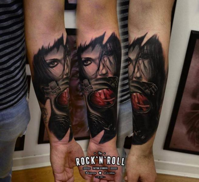 Abstract Girl With Gas Mask Tattoo On Sleeve by Rock N Roll
