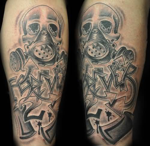 Abstract Grey Ink Gas Mask Skull Tattoo